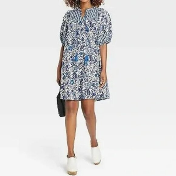 Knox Rose Dresses & Skirts - Retro Puff Sleeve Blue Bohemian Floral Tassel Tie Dress